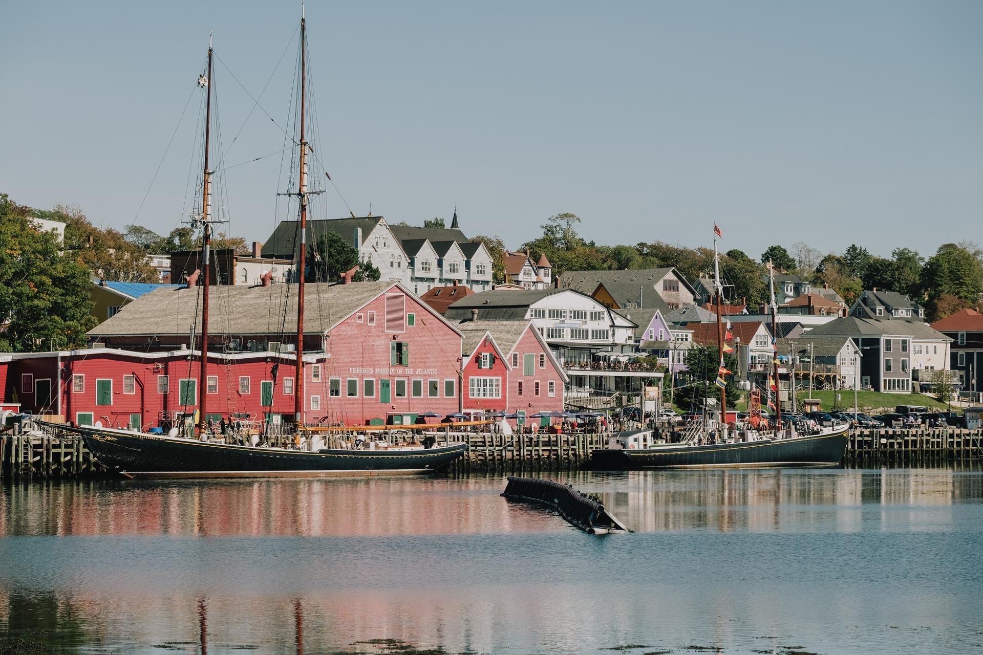 The Lunenburg waterfront as seen from the harbour on a sunny day. 