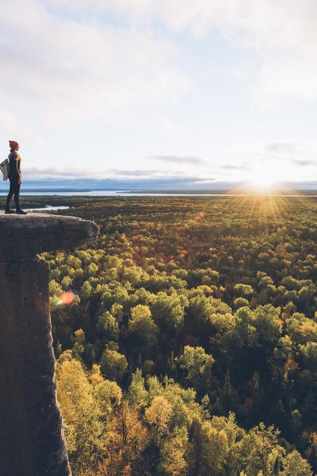 Une personne se tient sur une falaise surplombant une forêt.