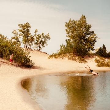 Three people dressed in swimwear run down a sand dune towards a lake. A fourth person ahead of them is diving into the water, and the sand is surrounded by green trees and bushes.